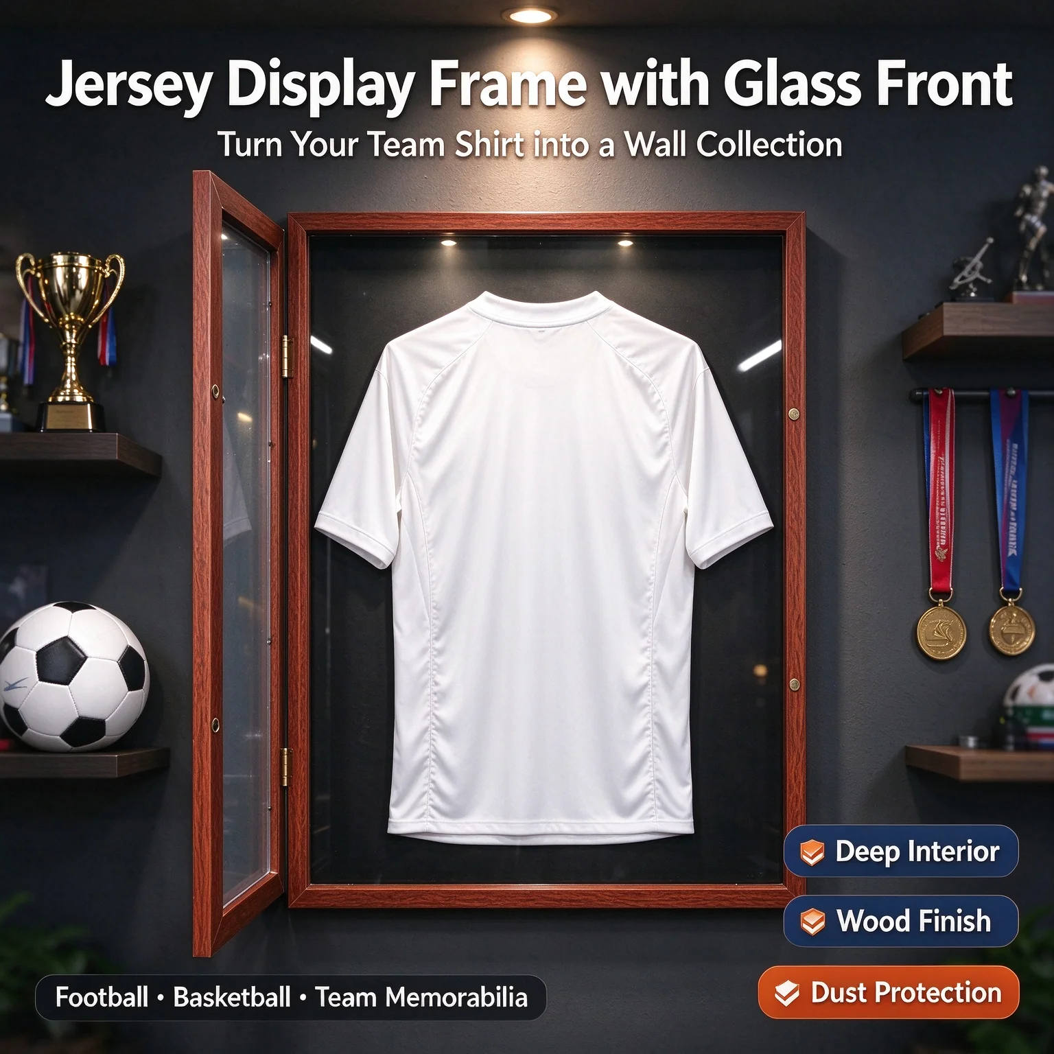 Sports Jersey Display Frame Glass Front Wall Mount Uniform Case for Collector Basketball Soccer Memorabilia Game Room Home Decor