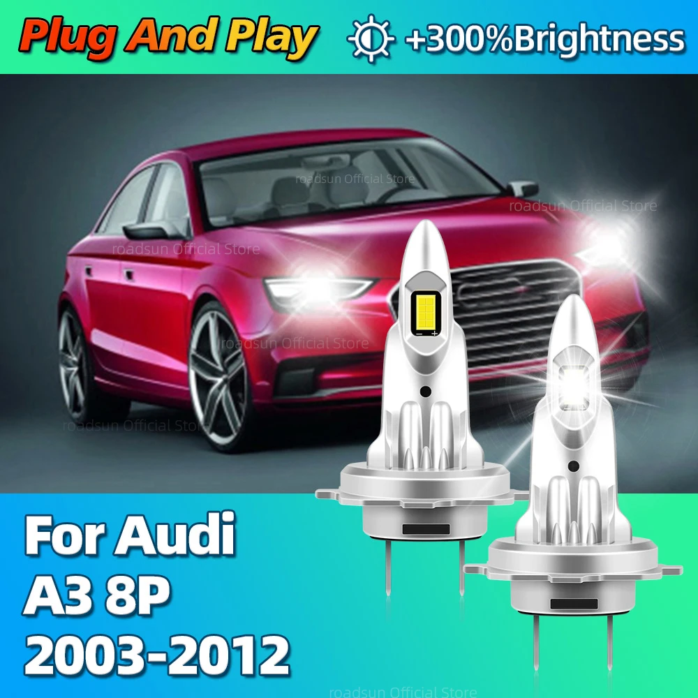 LED Headlight H7 Bulbs Mini Size Fanless Wireless CSP Lamp 6000K For Audi A3 8P 2003 2004 2005 2006 2007 2008 2009 2010 20112012