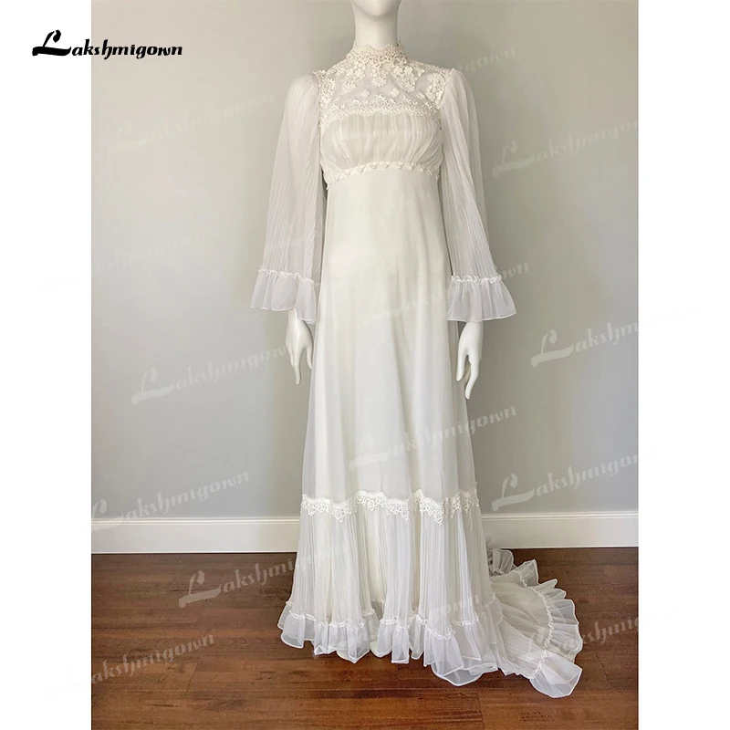 Boho gola alta completa manga alargamento do laço apliques a linha vestidos de casamento rede vestidos de noiva varrer zíper piso robe de mariée