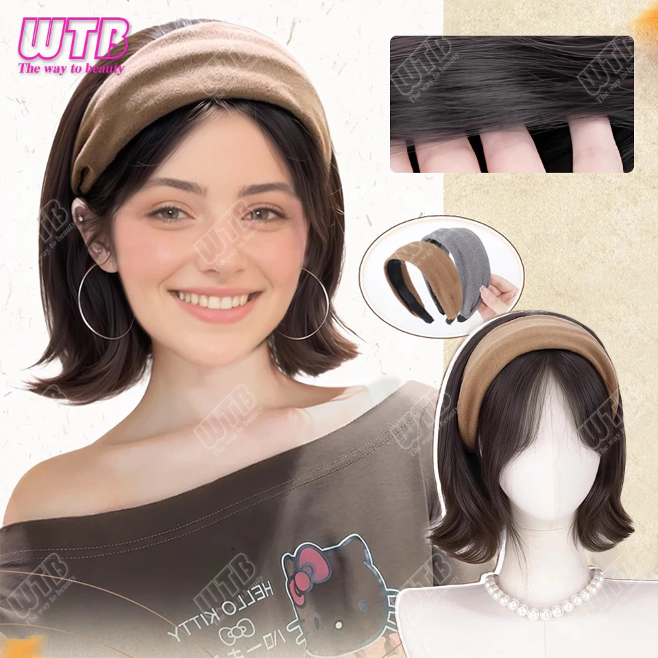 باروكات صناعية طبيعية قصيرة مستقيمة لعصابة رأس رمادي/بني للنساء للاستخدام اليومي للحفلات شعر مستعار مقاوم للحرارة