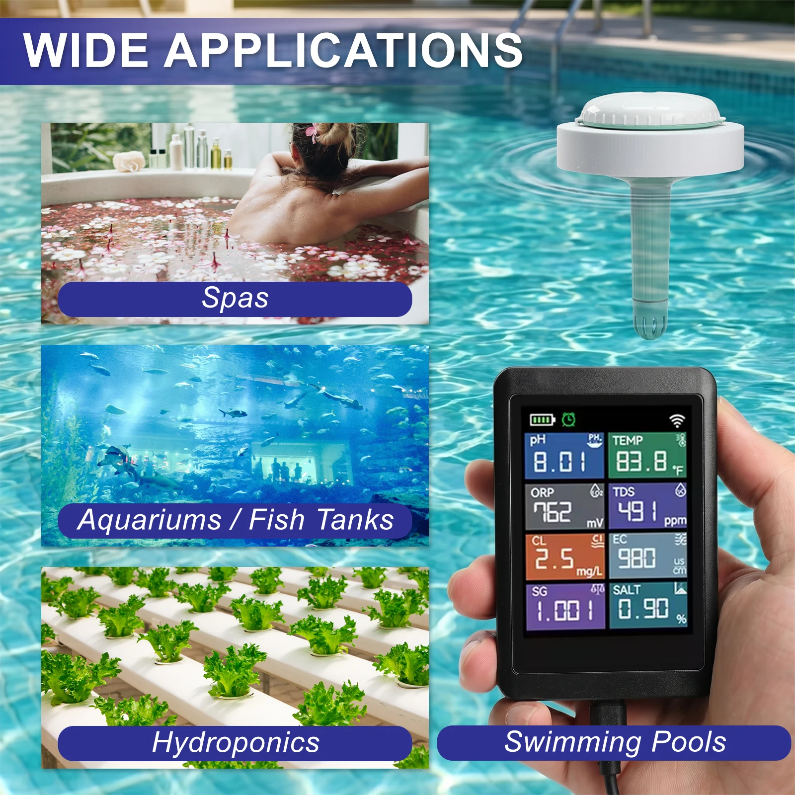 8-in-1 WiFi Smart Water Quality Monitor Tuya App Remote Control 3-point Calibration Real-Time Monitoring for Pool Spa Tubs