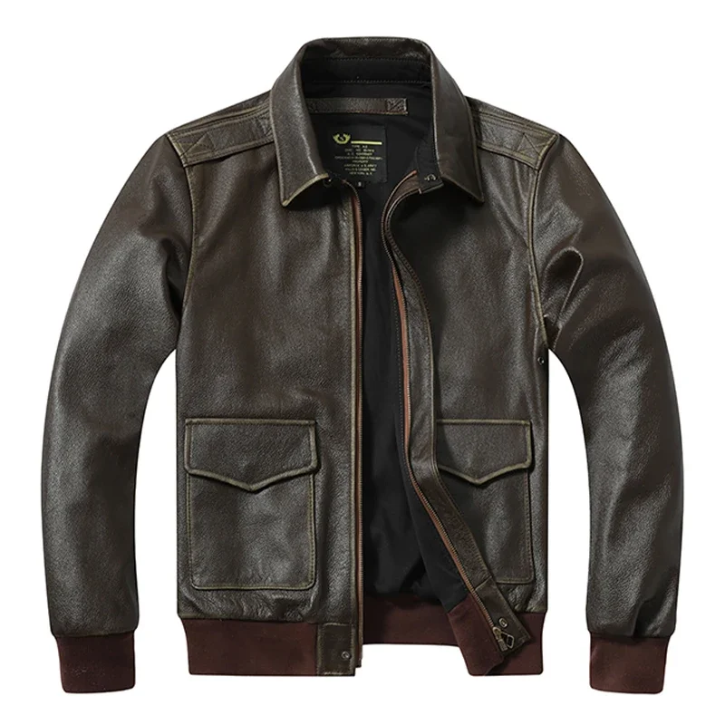 Vintage oliwkowa męska skórzana kurtka A2 kurtka bomber górna warstwa skóra cielęca kurtka w stylu wojskowym luźne klapy jesienna skórzana kurtka — zdjęcie 2