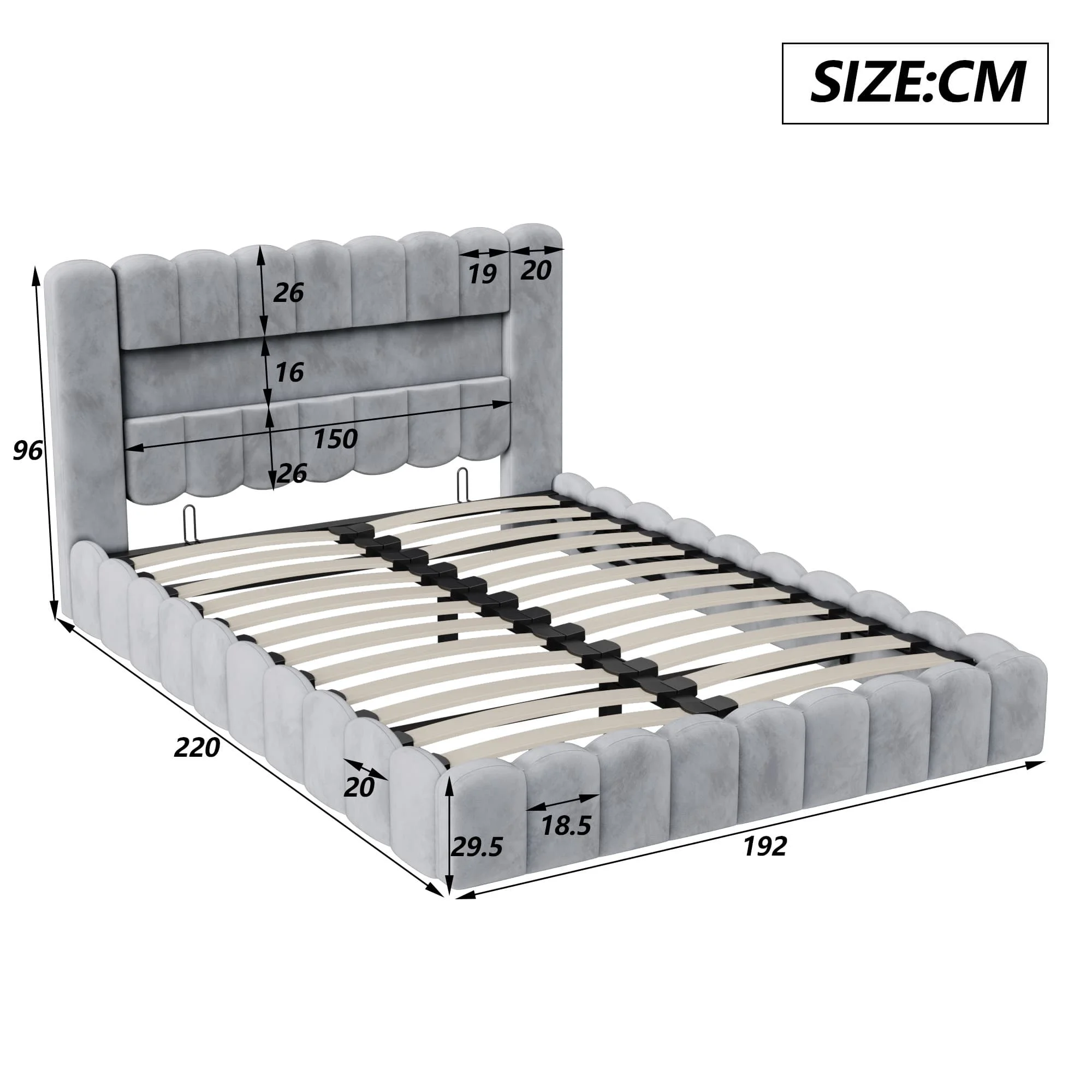 MGMYM bedframe 140/160/180 met hydraulische opbergruimte, bedhoofdeinde met LED en USB, Bubble design, linnen stof