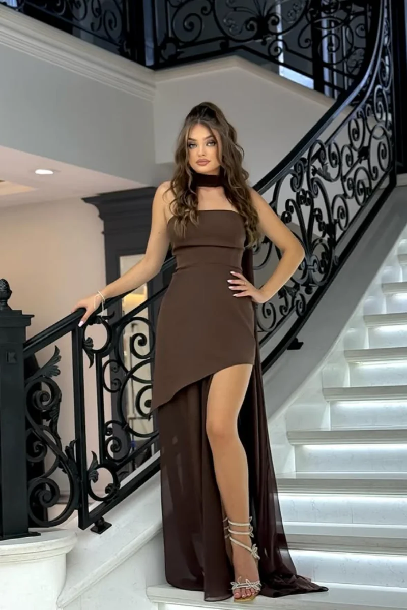 Jessica Brown Evening Dresses Chiffon High And Low Prom Dresses Slim Fit Women's Side Slit Party Dresses Customized