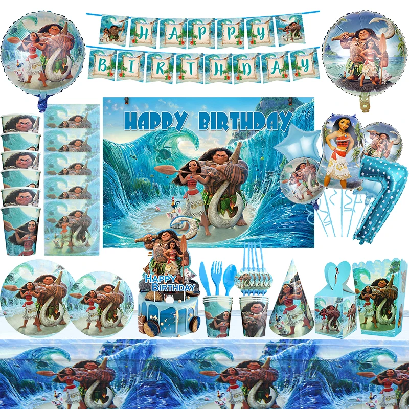 Disney Moana Birthday Decoration Moana Maui Party Supplies Tableware Mask Bag Balloons Display Backdrop Baby Shower Kids Girls