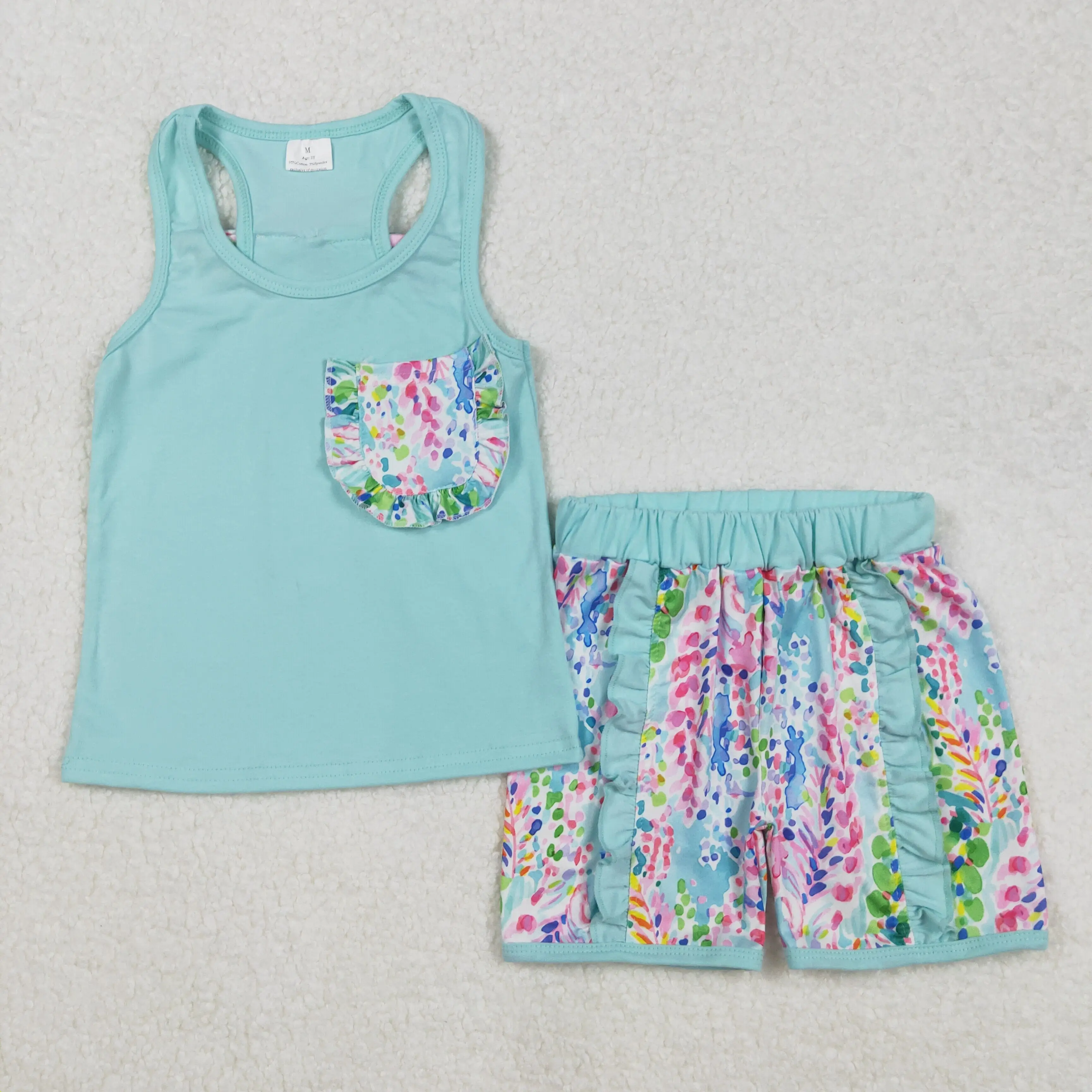 

Baby Girls Aqua Pocket Bow Vest Ruffle Shorts Sets