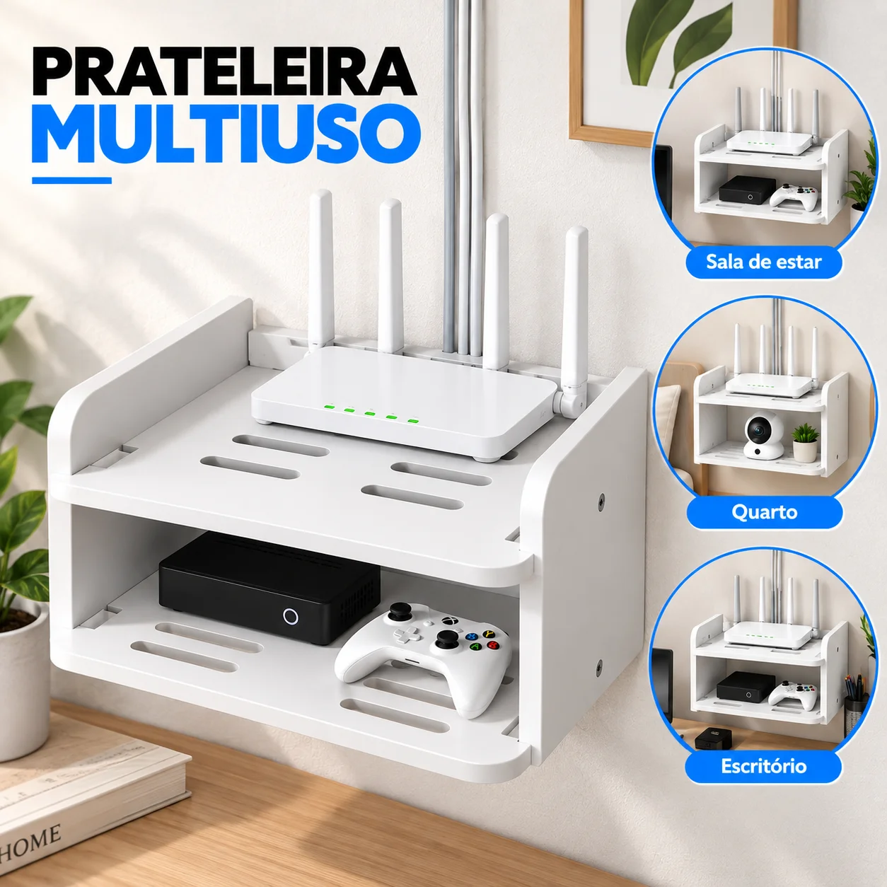 Prateleira de MDF para Roteador, Modem, Aparelho de Videogame e TV, Instalação Fácil, Fixada na Parede com Suporte Invisível