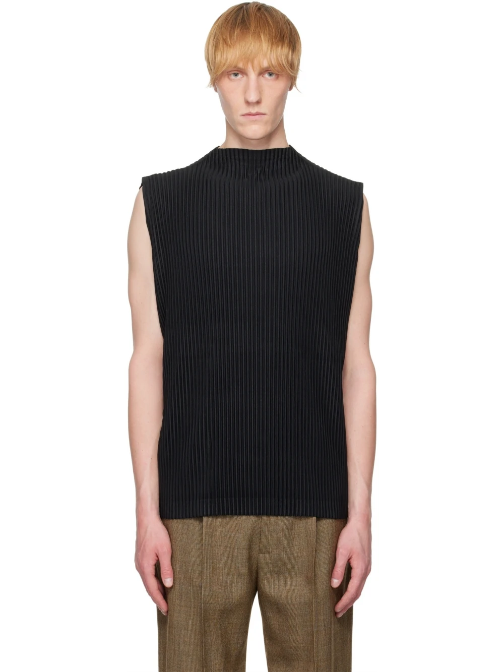 Men's Miyake Pleated High Neck Tank Top Side Split Sleeveless Vest Japanese Style Loose Fit Casual Streetwear