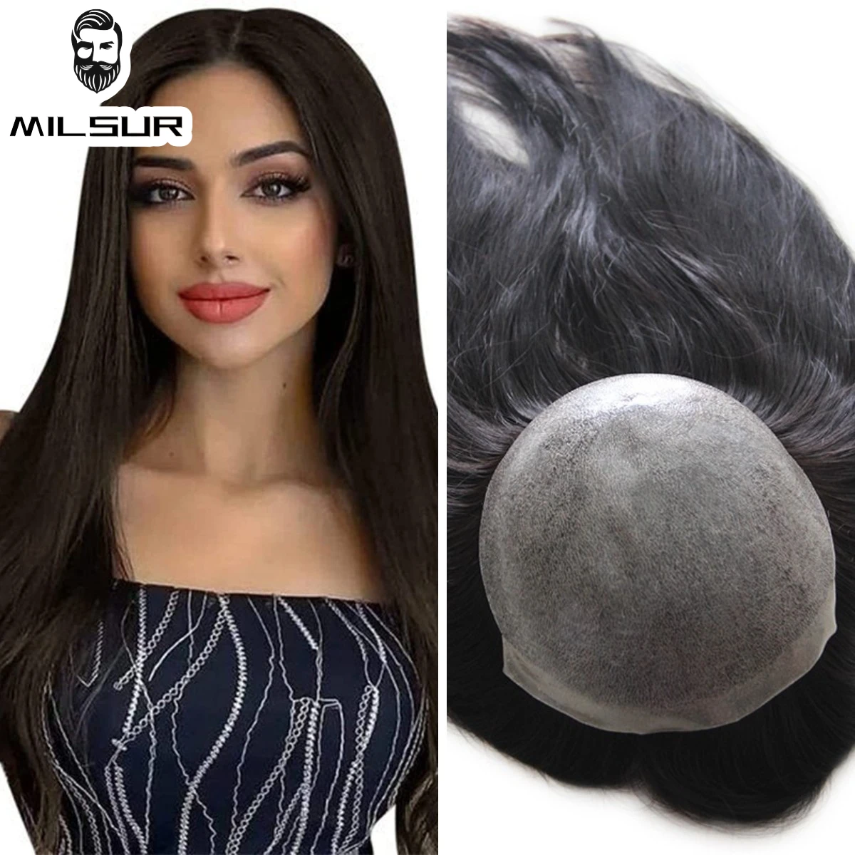 Women Hair Topper Skin Base Wig For Women Remy Hair Pieces 14/16 Inches Long Hair Toupee For Lady #613/#1B Full PU Natural Wig