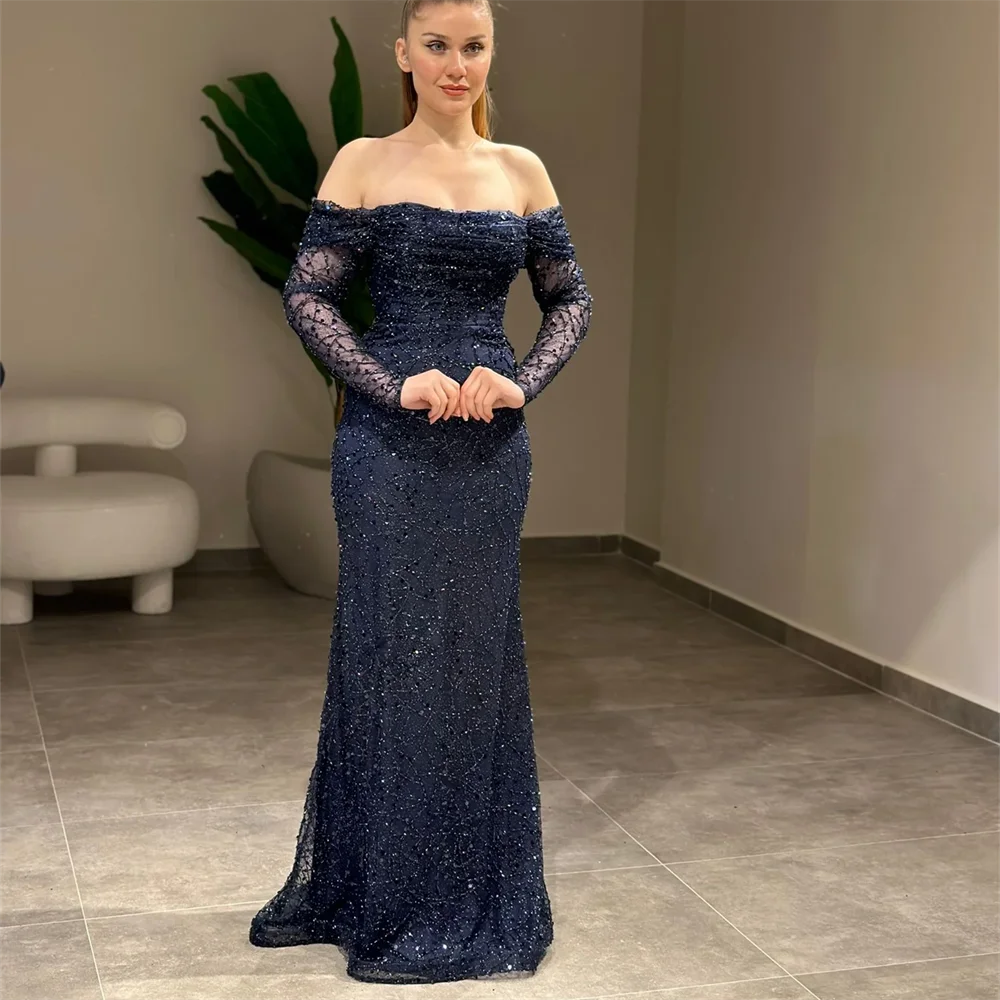 Customized Off Shoulder Beaded Sequined Lace Evening Dress Women Stunning Party Prom Gown With Sweep Train  2024 فساتين سهرة