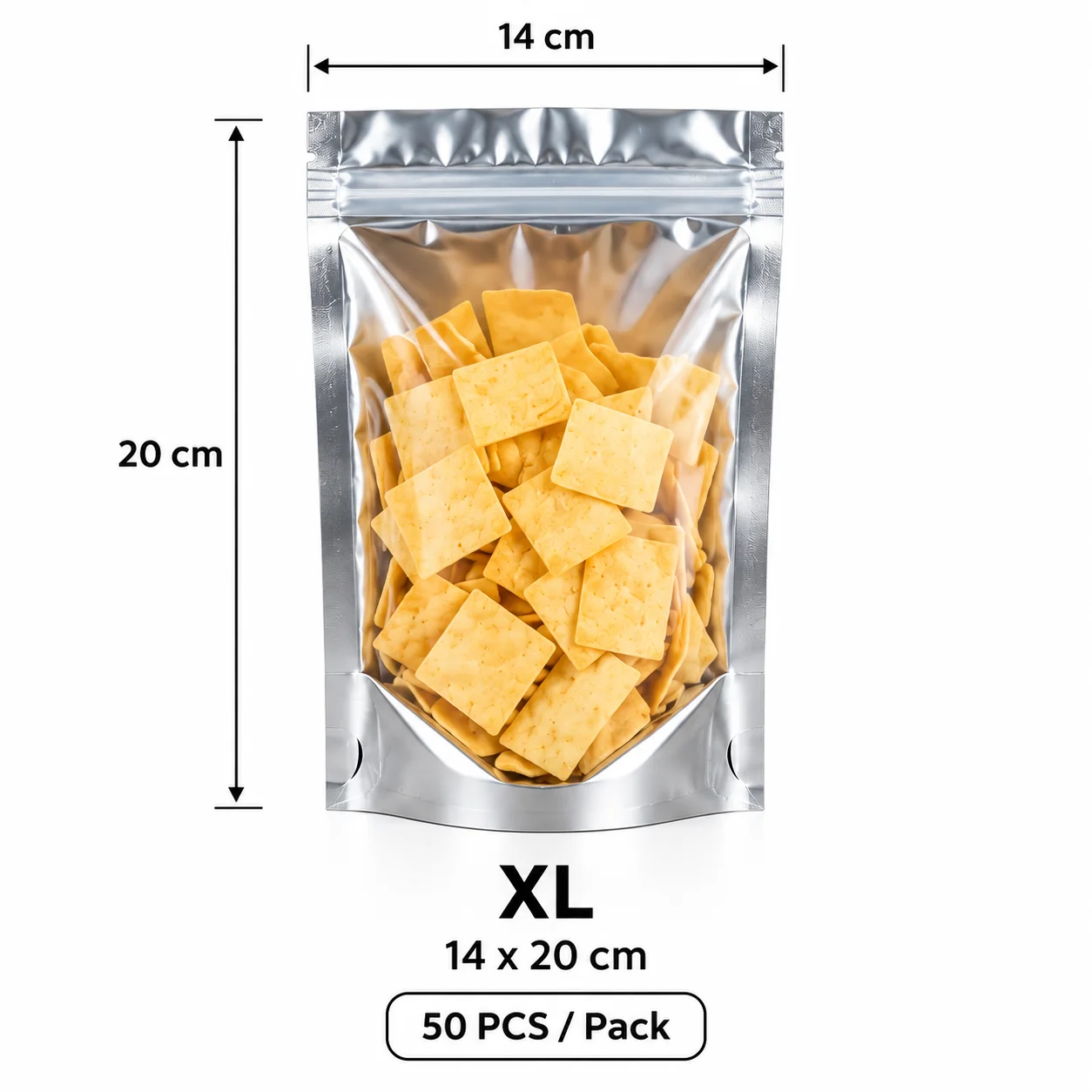 50PCS Silver Stand Up Pouches with Clear Window Resealable Zip Bags 14x20cm Food Storage Packaging Bags