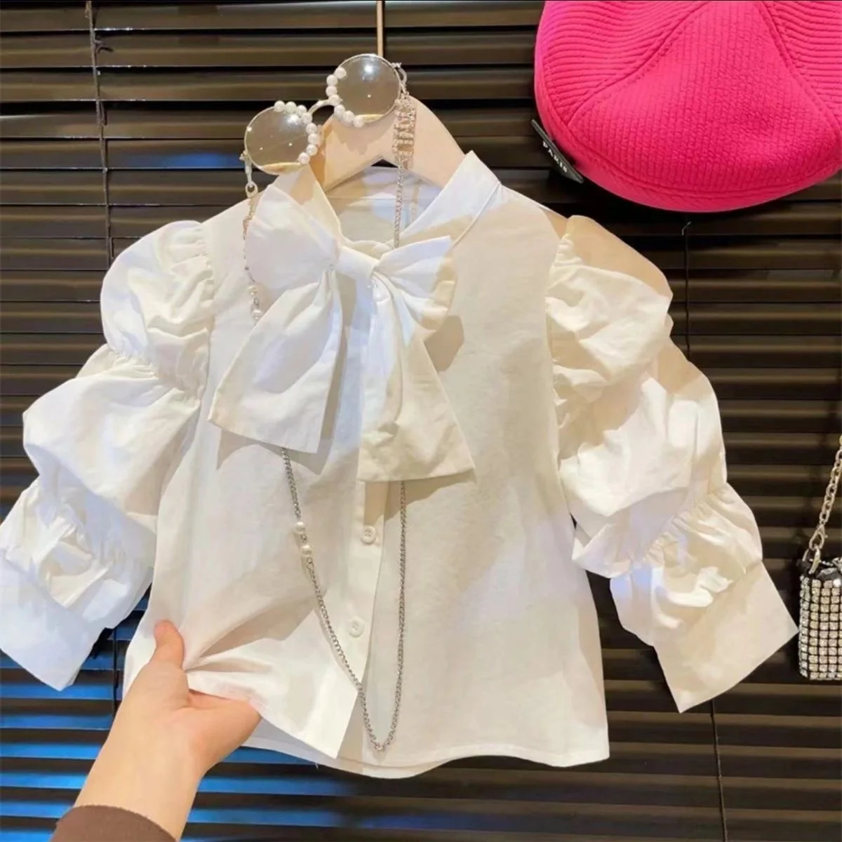 White bow button-up base shirt baby girl white spring and autumn new princess girl loose sleeve jacket