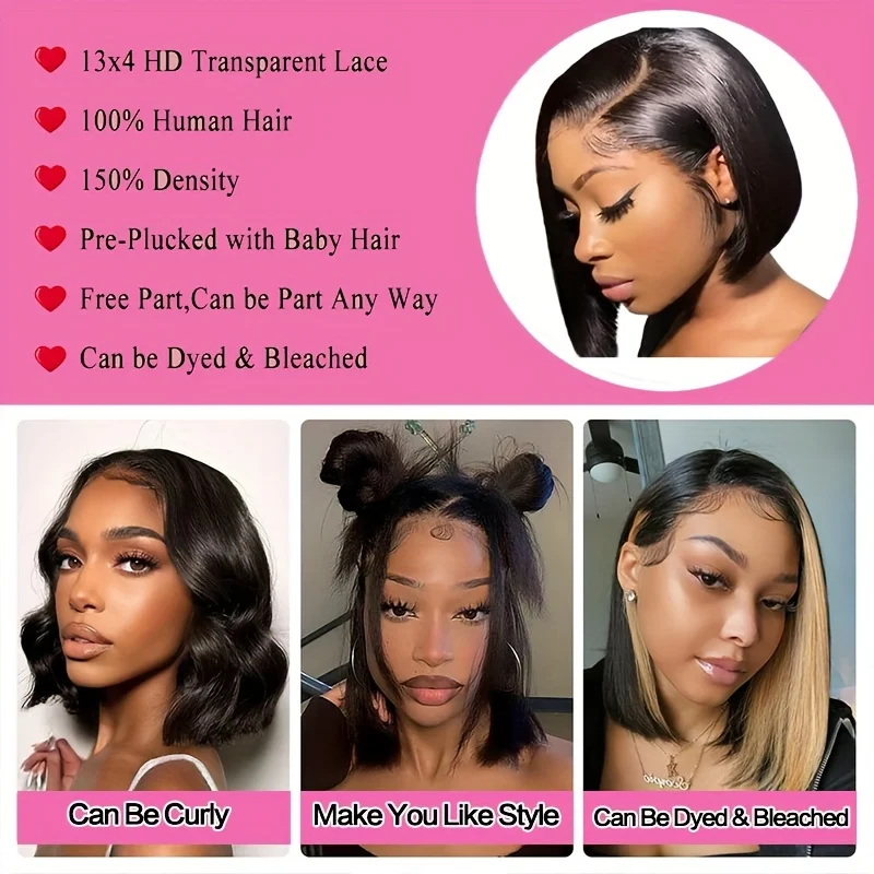 Straight Bob Wigs Human Hair 13x4 HD Lace Frontal Short Bob Wig For Women Pre Plucked 200 Density Natural Short Bob 4x4 Lace Wig