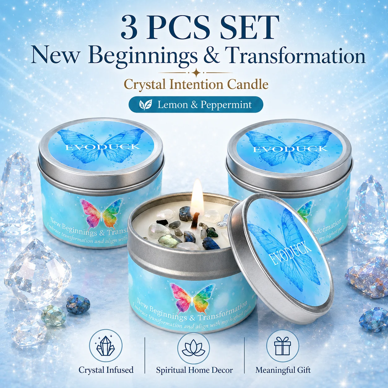 Scented Candle Set - 3-teiliges Peace & Calm Kristall-Intentions-Duftkerzen-Set, Lavendel-