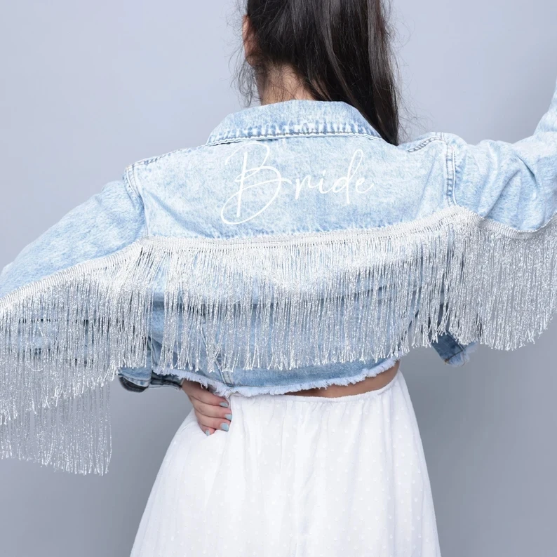 Denim Fringe Crop Jacket Bride Jean Mrs Personalized Wedding Bridal Engagement Gift Custom Bridal Party Jackets With Tassels