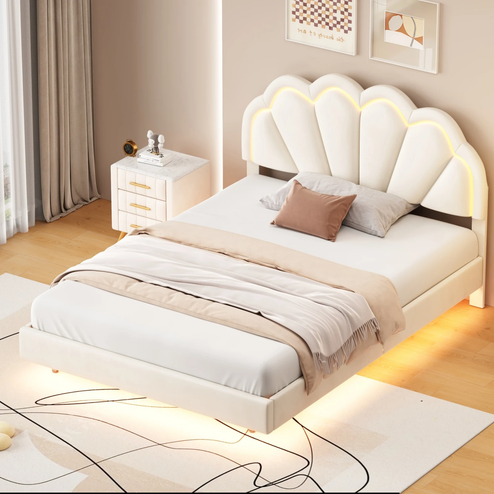 Anajqaqia Polsterbett 140 x 200 cm, Doppelbett mit Lattenrost und Kopfteil, Jugendbett, Gästebett, ohne Matratze, Samt, Beige