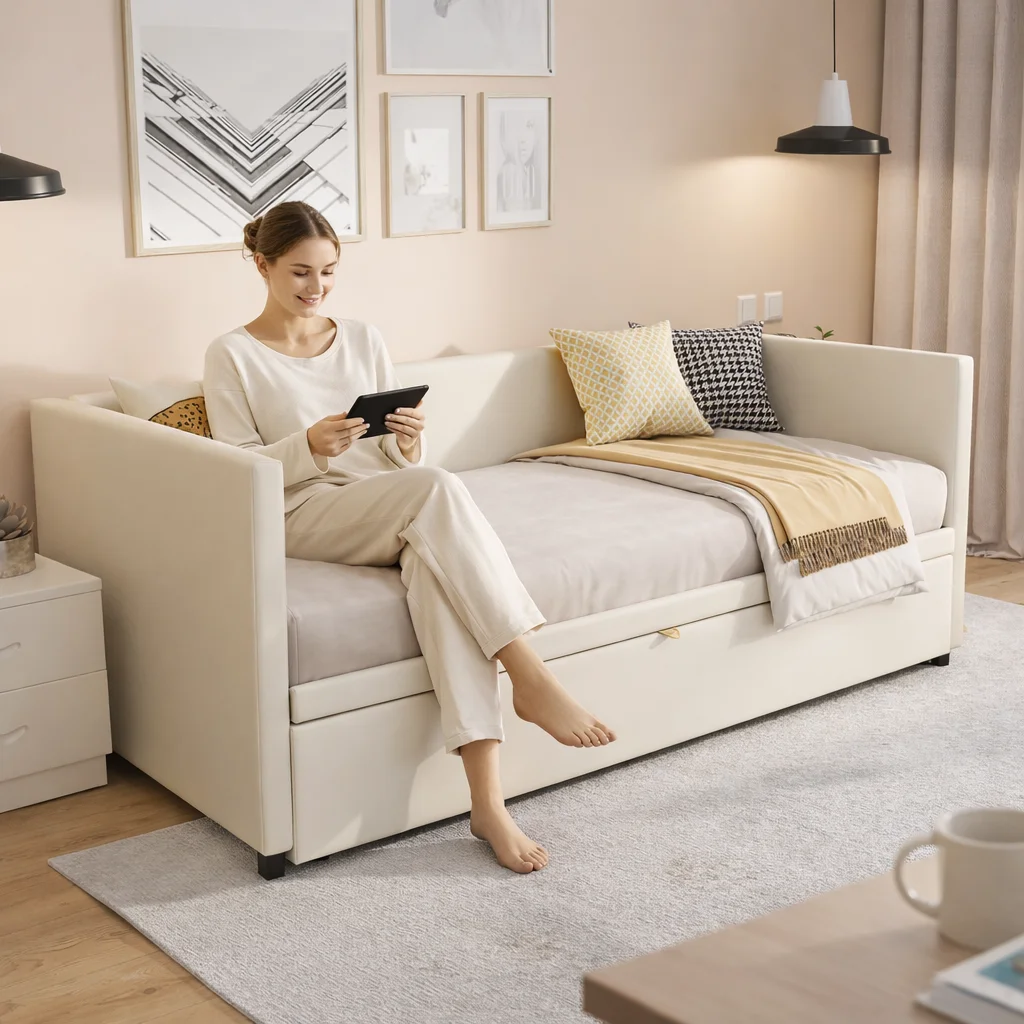 Sofá cama Gigogne extensible 90/180x200 cm, estructura metálica, somier de láminas, tapizado en terciopelo beige, ahorra espacio