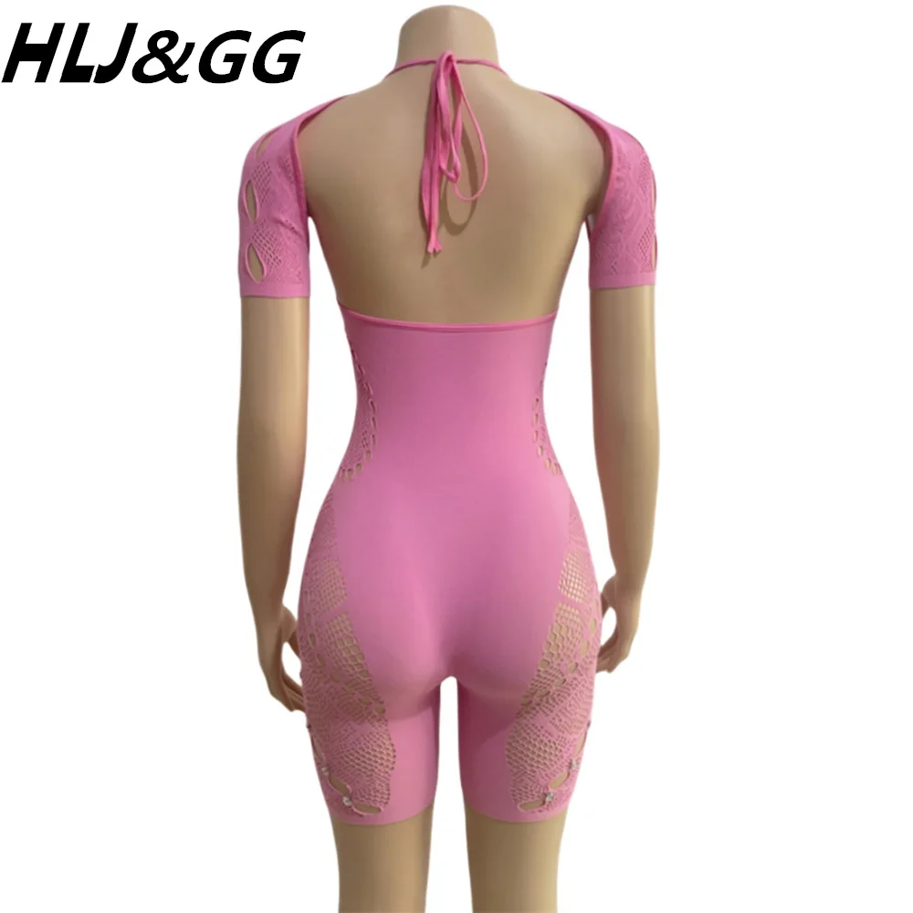 HLJ&GG Black Sexy Hollow Lace Bodycon Rompers Women Round Neck Long Sleeve Perspective Jumpsuits Female Solid Hole Slim Overalls