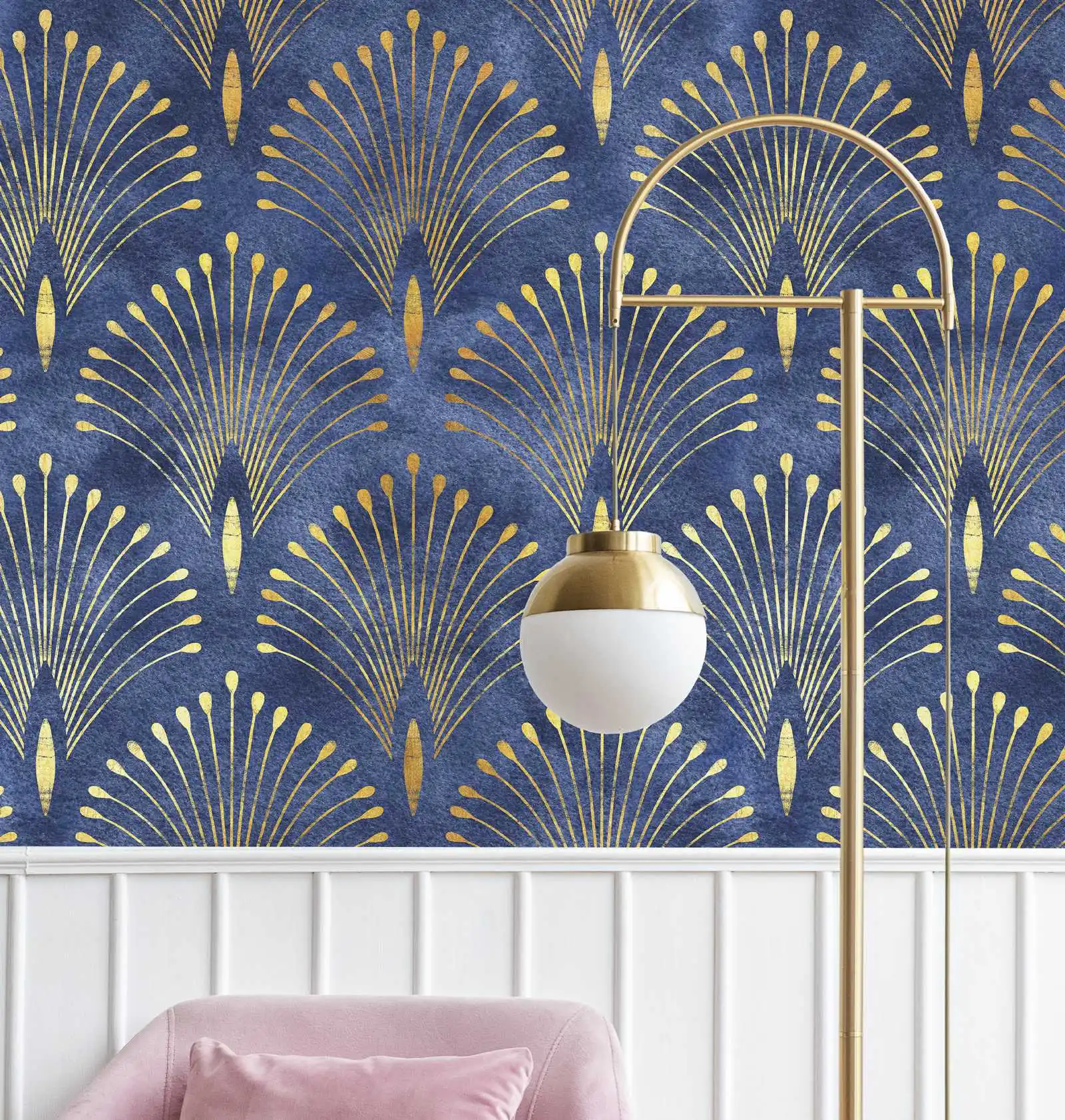 

Dark Blue Gold Effect Art Deco Self Adhesive Wallpaper,Removable Vintage Luxury Wall Decor, Peel and Stick Wall Paper