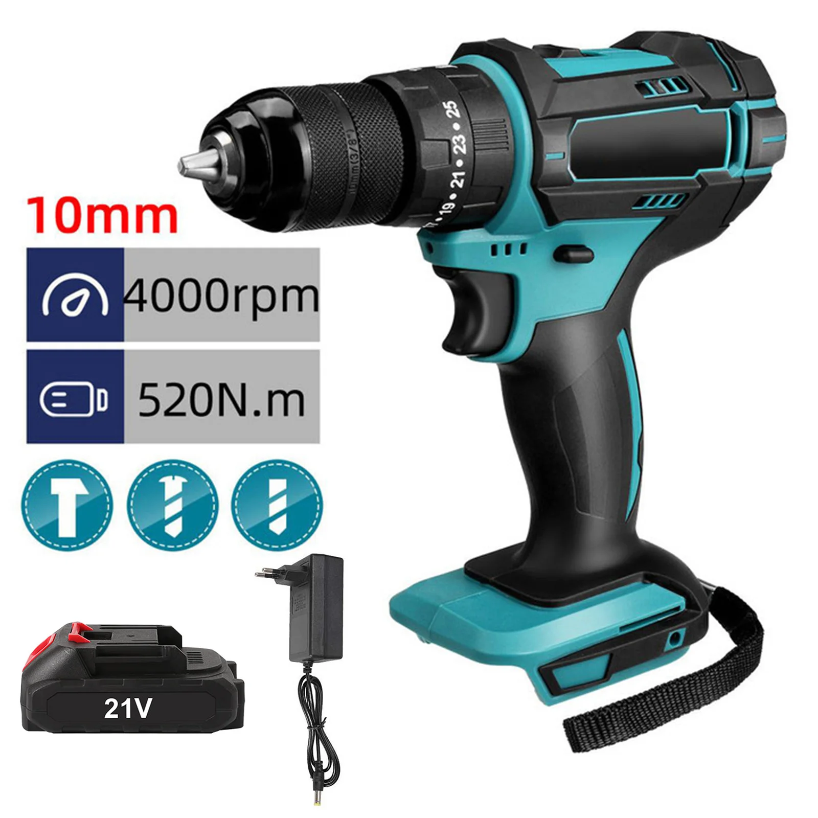 3-in-1 4000 U/min 520 Nm Drehmoment Elektrischer Schlagbohrer 10mm Bohrfutter Flachhammer-Bohrmaschine Elektroschrauber Kompatibel mit Makita-Akku