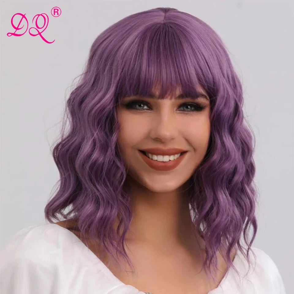 Synthetic Short Water Wave Cosplay Bob Wig with Bangs Heat-resistant Fiber Lolita Wigs For Women Purple Colored Lolita Party Wig