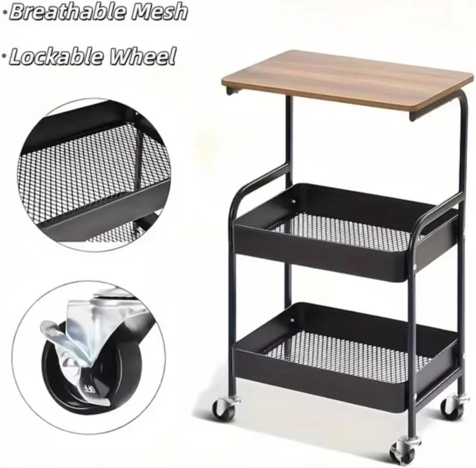 Multi-Purpose 3-Tier Rolling Kitchen Cart, Mobile Serving Trolley with Wood Tabletop and Lockable Casters, Heavy Duty Metal Frame Storage Cart, Perfect for Kitchen, Bar, Living Room, Office, Easy to Assemble Home Storage Organizer