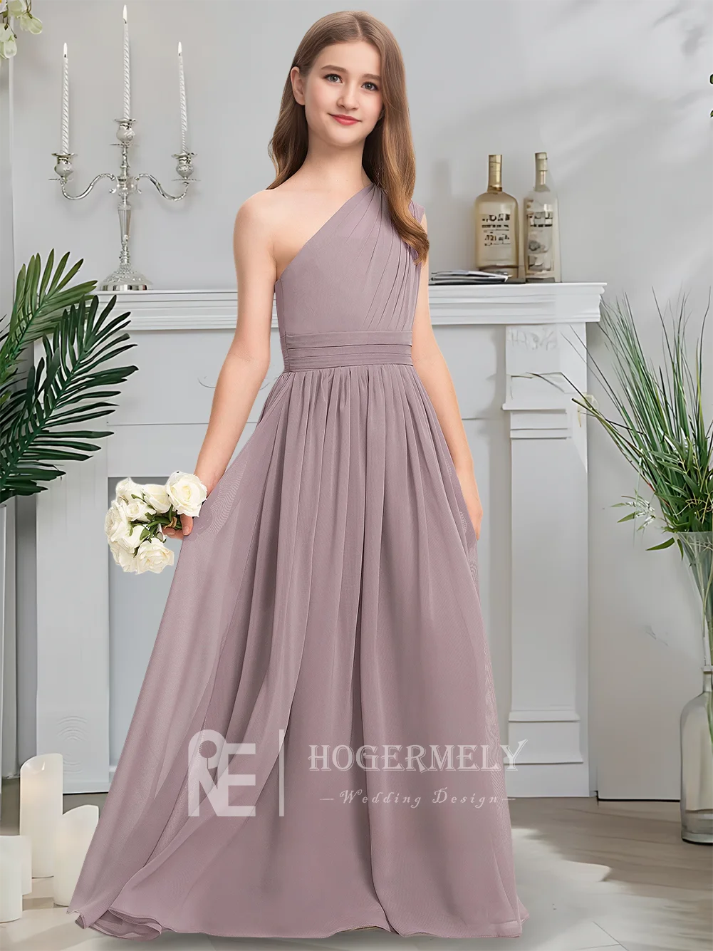 豪華なワンショルダー ジュニア ブライズメイド ドレス キッズ モーブ フラワー ガール ドレス フロアレングス シフォン カスケード フリル付き