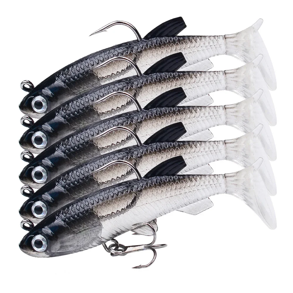1pc appât souple en caoutchouc leurre de pêche 75mm 85mm artificiel coulant Swimbait bouclés T queue gabarit tête matériel de pêche marchandises pour bar brochet