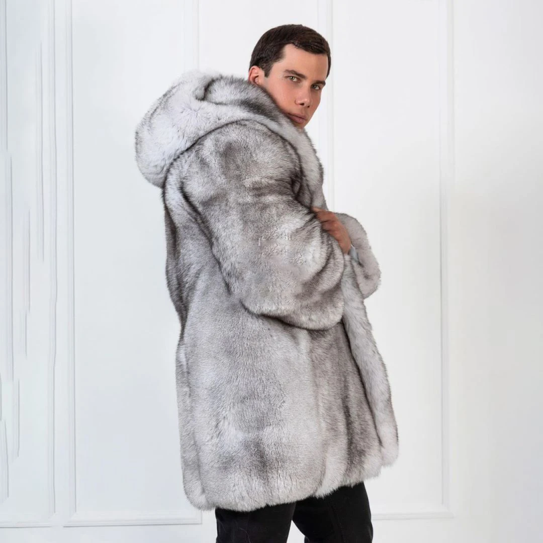 Natural White Man Long Fox Fur Coat with Hood Thick Warm Fur Overcoat Genuine Wholeskin Fox Fur Jacket Hooded Fur Overcoats