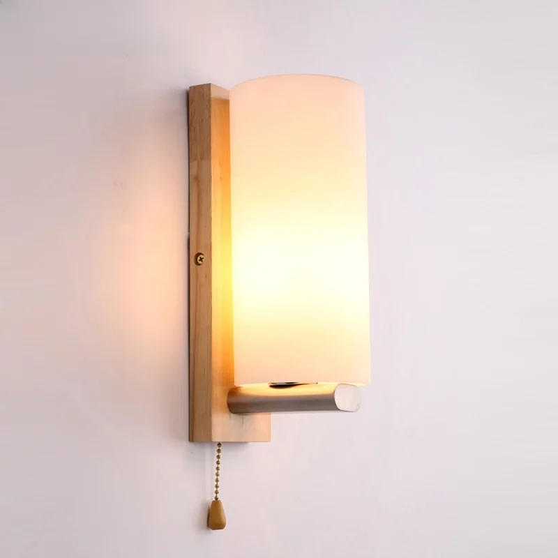 Wood LED Wall Lamp with Pull Wire Switches Bedside Light Bedroom Aisle Kitchen Living Room Decor Retro Vintage Sconces E27