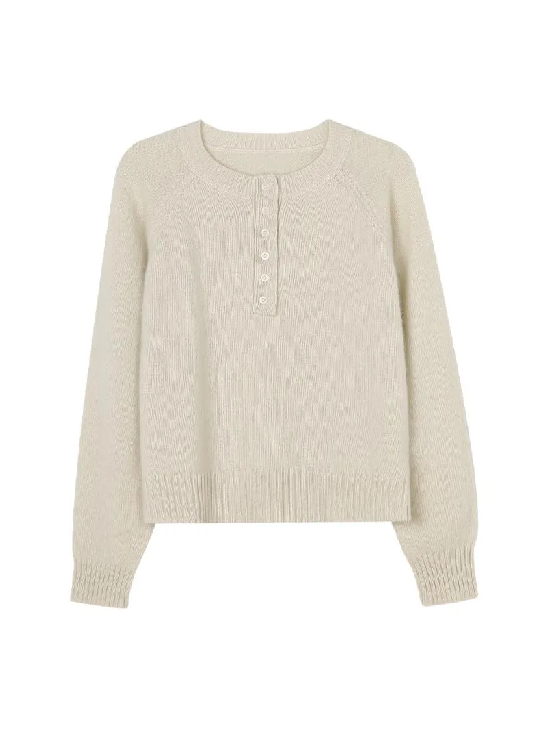 Knitted Wool Cropped Henley Sweater Raglan Sleeve Jumper