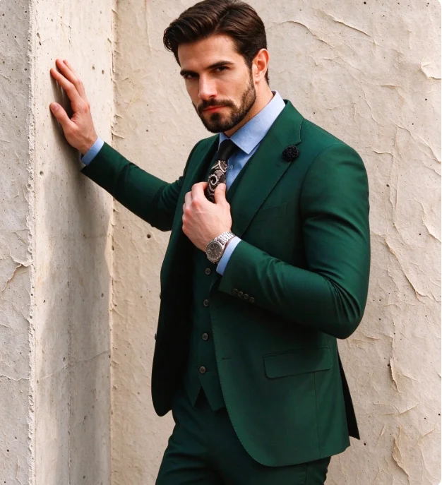 New Dark Green Business Suit Men Tuxedos Groom Groomsman Wedding Party Formal 3 Piece Set Jacket Vest Pants B47