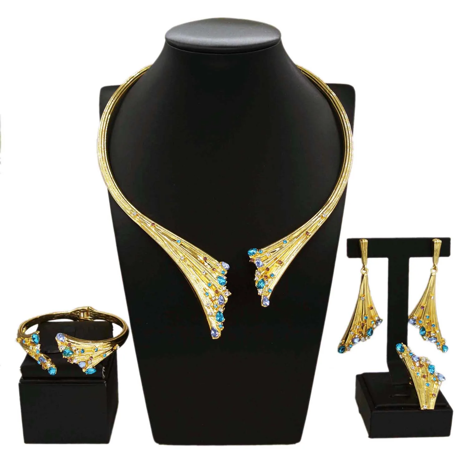 Dubai Gold Plated Woman Jewelry Set Women's Luxury Blue Stone Necklace Bracelet Ring Set Jewelry Sets Wedding Party Jewe