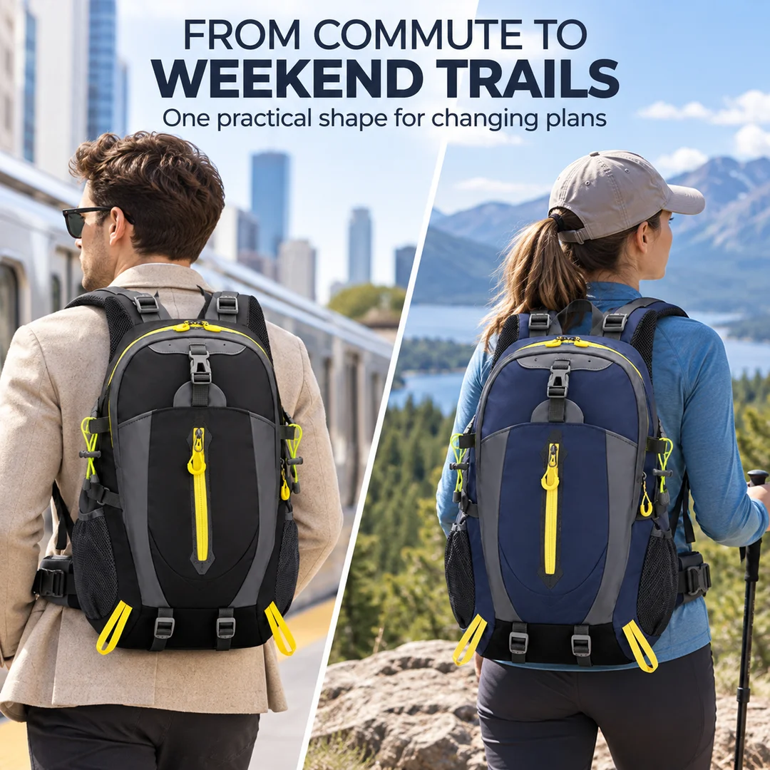 Hiking Backpack Outdoor Daypack, Military Green Multi Pocket Rucksack with Mesh Side Pockets and Small Pouch, Travel Camping