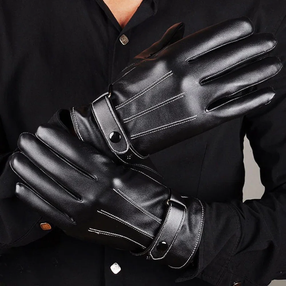 AliExpress ALLOYSEED 1 Pair Men Touchscreen Gloves Black PU Leather Cashmere Warm Cycling Gloves Waterproof Windproof