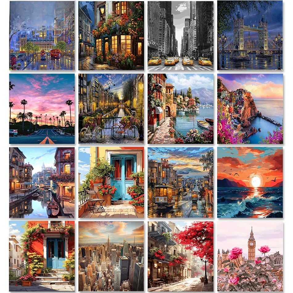 Stad Landschap Schilderen op nummer voor volwassenen DIY Kits Handgeschilderd op canvas met ingelijste oliefoto Tekening Kleuren op nummer - afbeelding 2