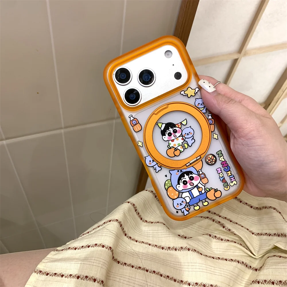 

Kawaii Cartoon Shin-chan With 360 Rotate Stand Phone Case for iPhone 16 17 Pro Max 15 Pro 16 17 Pro Cover Cute Protective Case