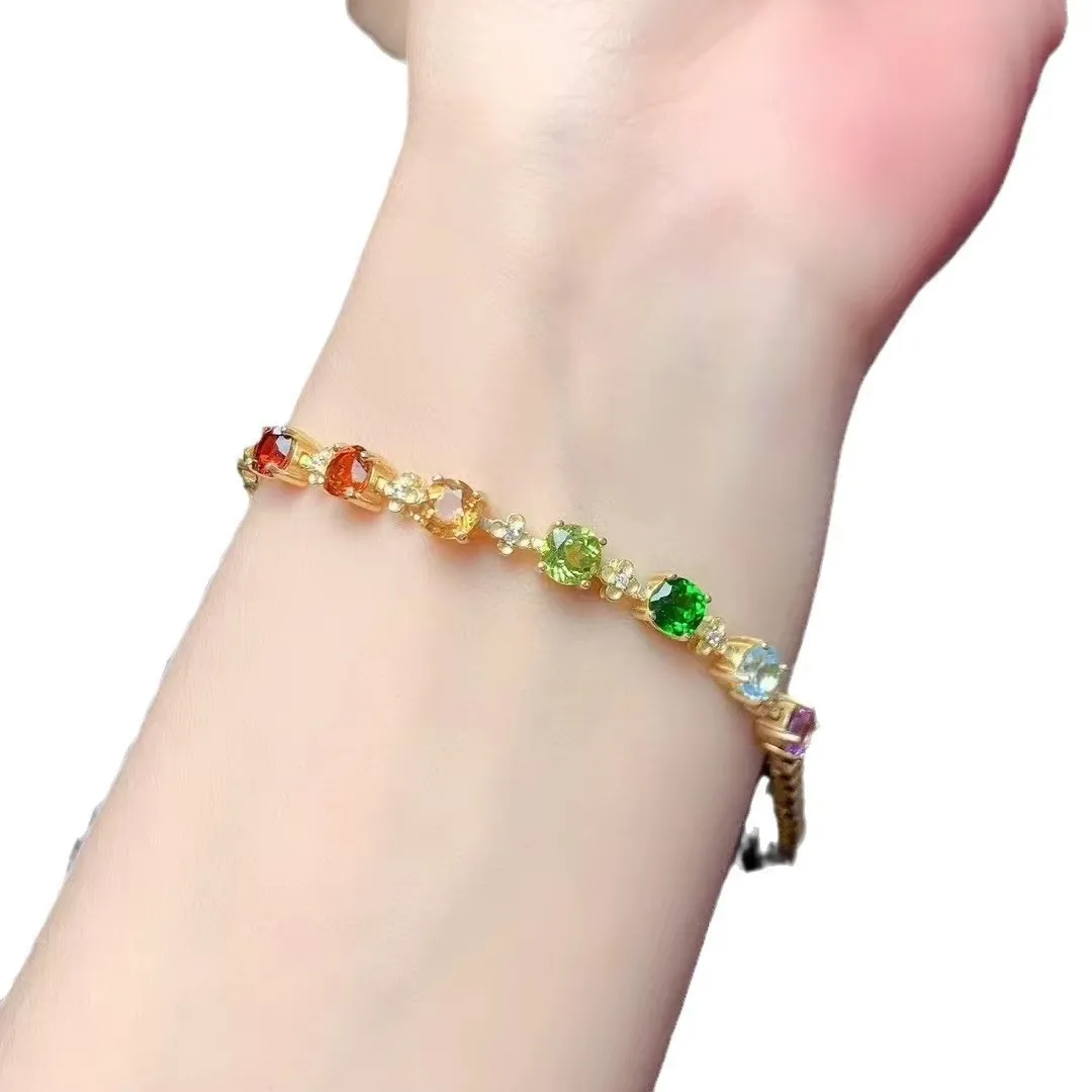 Boutique Jewelry Women's Bracelet 925 Pure Silver Natural Tourmaline Translucent GemsElectroplated 18K gold party birthday gift