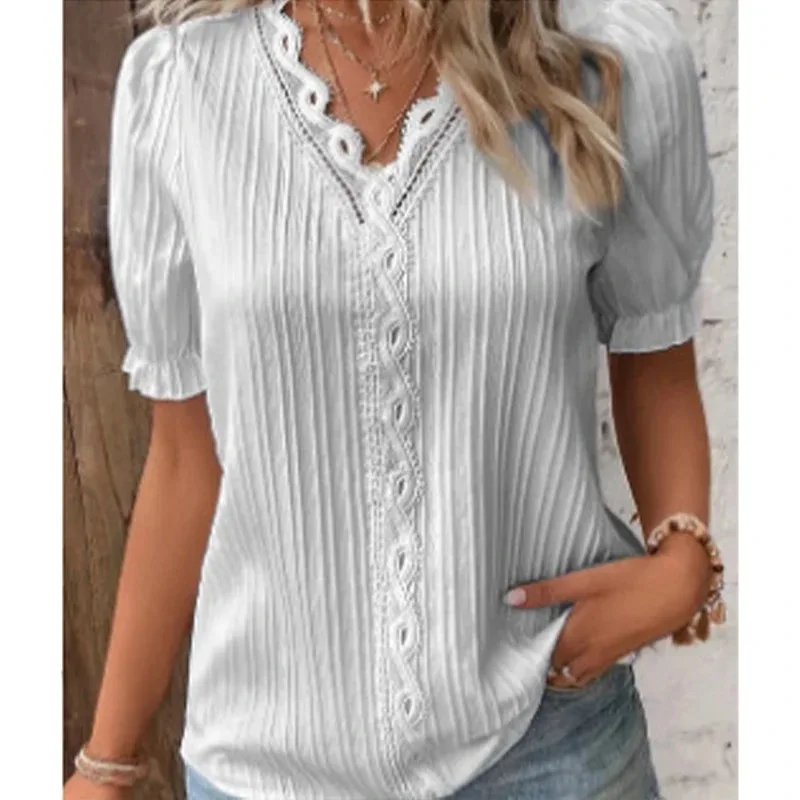 Summer V Neck Lace Stitching Patchwork Women Shirts Hollow Short Sleeve Pullover Top Office Elegant Top Office Lady Blouse