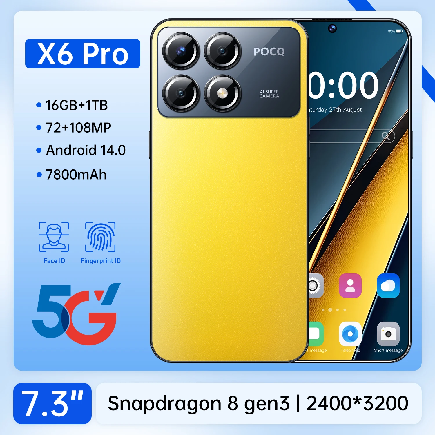 

Original Mobile phone Global Version X6 Pro smartphone 5g 7.3inch HD 108MP Camera 16G+1T 7800mAh Face unlocked Mobile phone