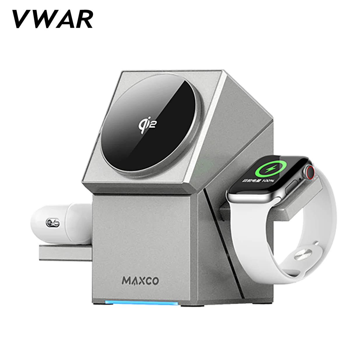 MAXCO Qi2 Cargador inalámbrico 3 en 1 con base de teléfono giratoria automática compatible con MagSafe para iPhone Apple Watch Ultra 2 Airpods