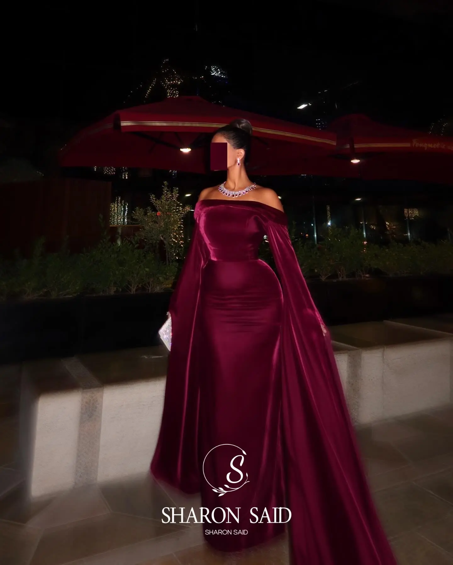 شارون سعيد فستان سهرة أسود دبي بدون أكتاف مع أكمام كيب للنساء فستان زفاف رسمي SF543 مخصص