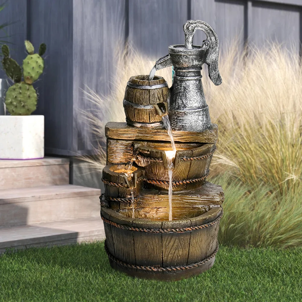 

25.5 ''H Barrel Outdoor Fountain with Water Pump - 5 Tier Cascading Outdoor Water Feature with LED Lights for Garden Home Decor