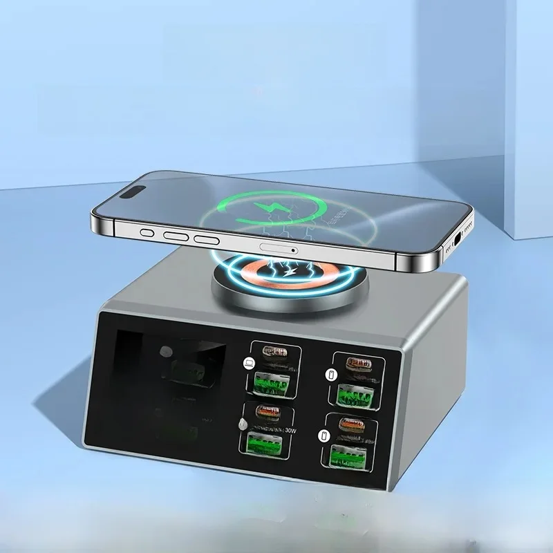 140 W multi-poort oplader met digitaal display, PD+QC en magnetisch draadloos opladen op desktop voor telefoons en laptops - afbeelding 2