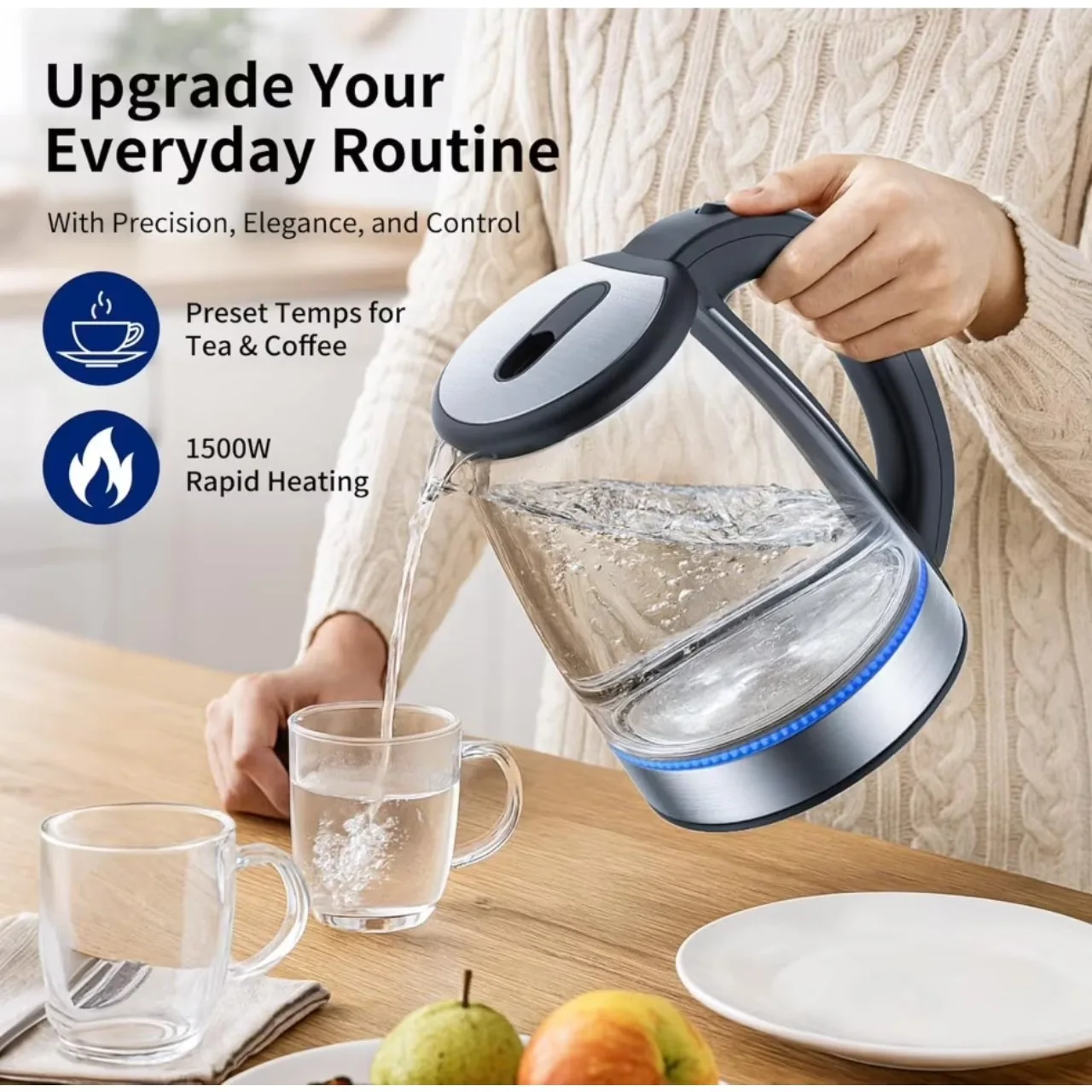 2L Glass Electric Kettle, 220W Fast Boil Water Pot with LED Ring, Borosilicate Glass Body, Stainless Steel Lid, Auto Shut-Off, 110V US Plug