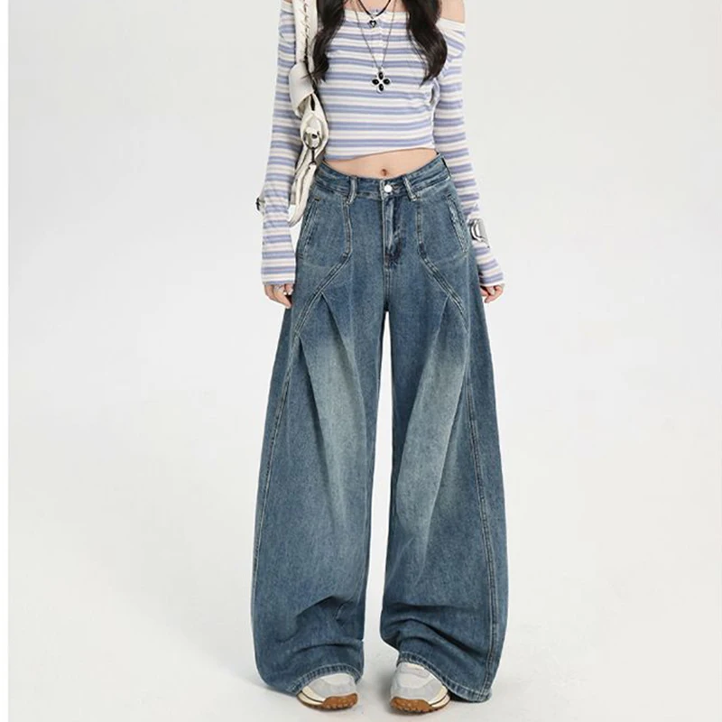 

Женские синие американские ретро яркие нити с деконструкцией и широкими штанинами, свободные прямые брюки в пол High Street