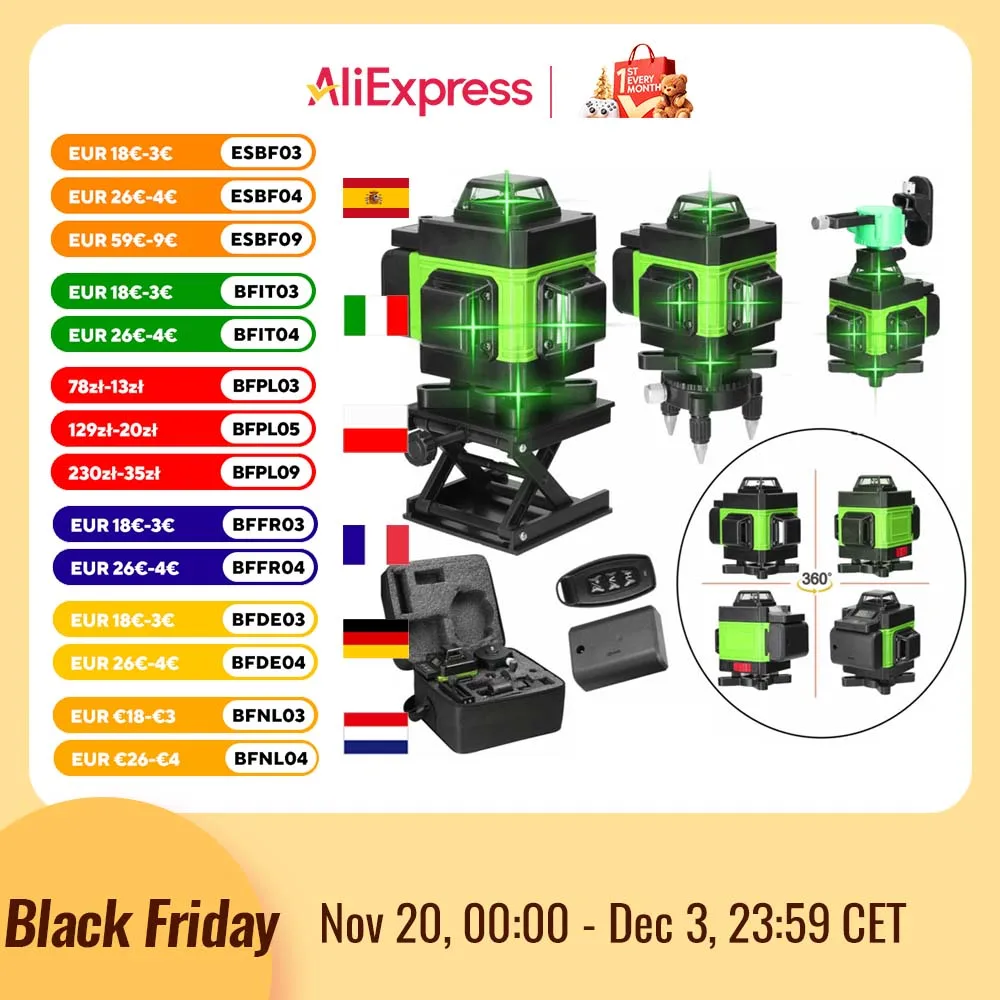 Nivel láser 4D de 16/12 líneas, línea verde, autonivelante, 360 Horizontal y Vertical, nivel láser súper potente, nivel láser de haz verde