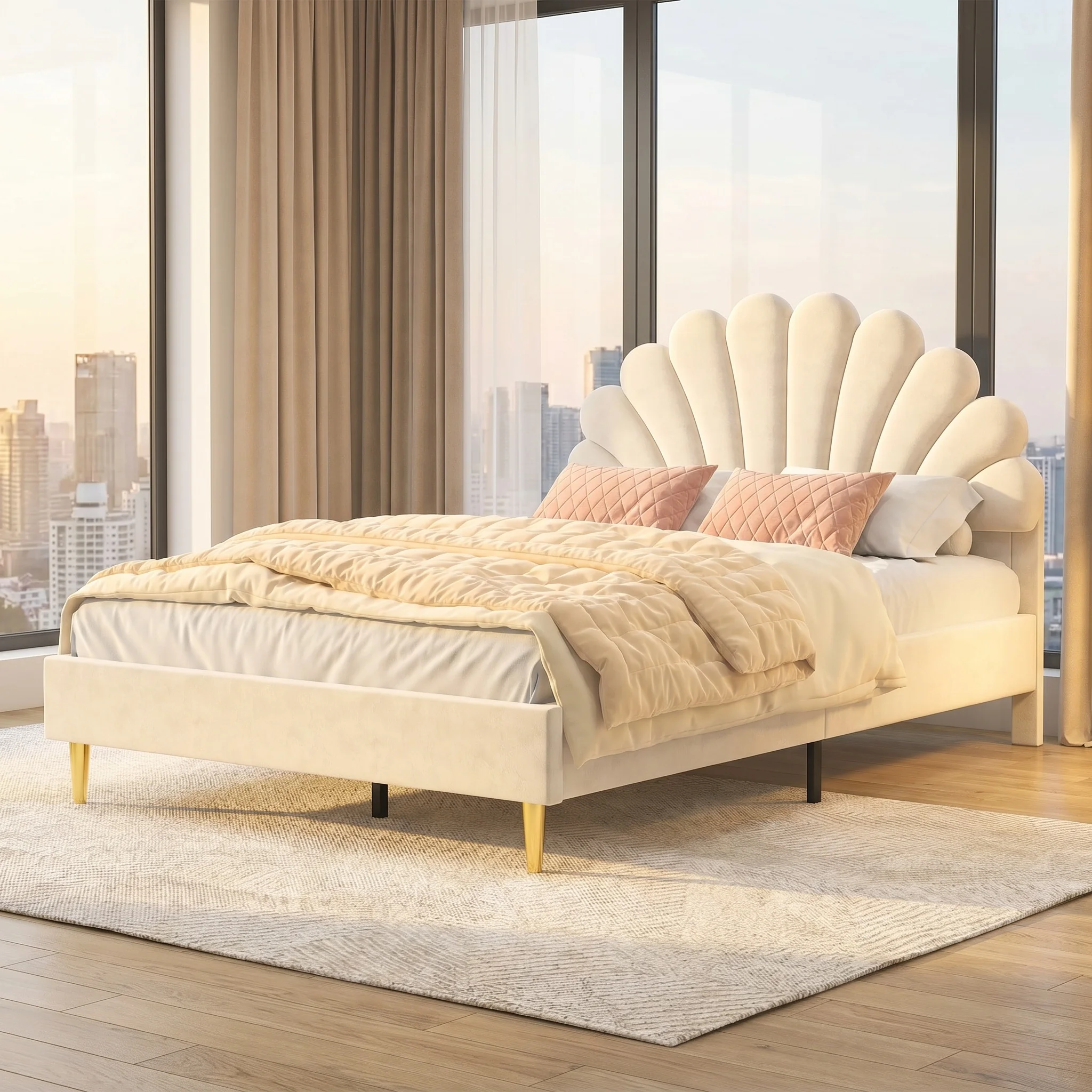 Lit double rembourré Anajqaqia, cadre de lit avec tête de lit en forme de fleur, tissu en velours, beige, 140x200cm