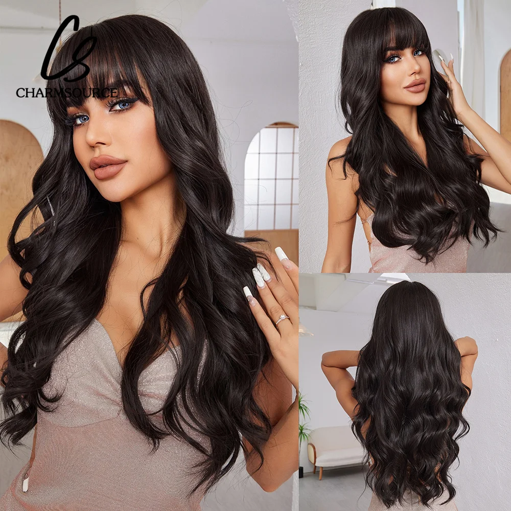 CharmSource Black Natural Synthetic Curly Wigs with Bangs Long Party Wavy Hair for Black Women Cosplay Heat Resistant Fiber Wig