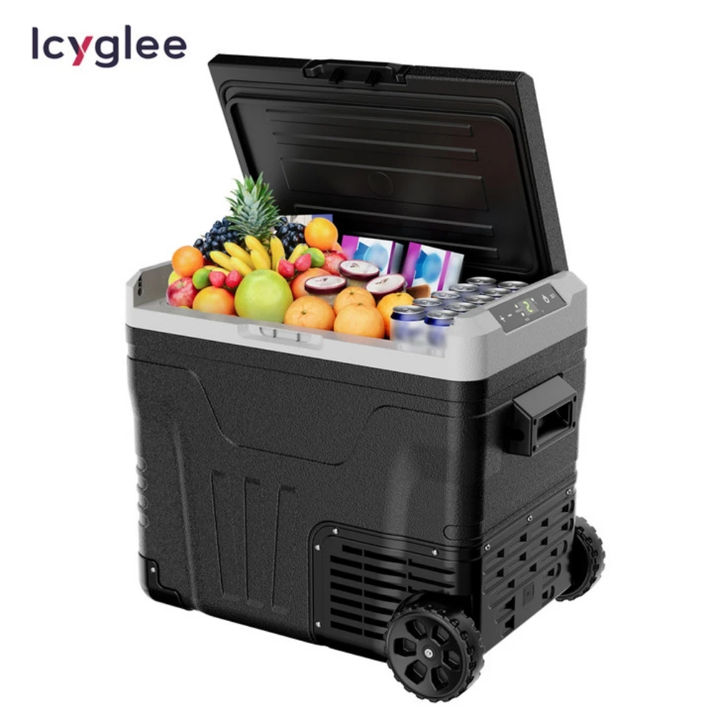 ICYGLEE 50/35L Car Refrigerator 12V/24V DC Fridge Portable Freezer Cooler with Wheels 2 Baskets for Travel Truck Boat Camping